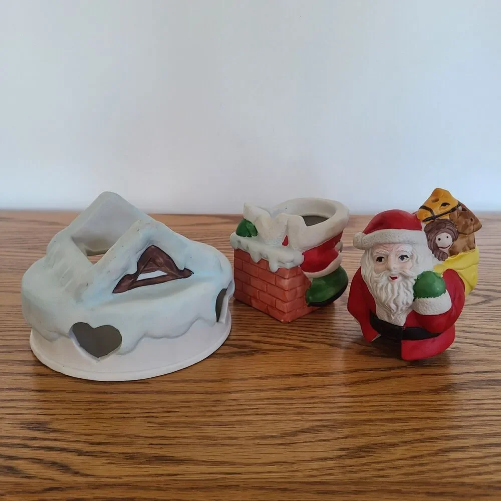 Vintage Ceramic Santa On Chimney Tealight Candle Holder 3-Piece Young's 1988